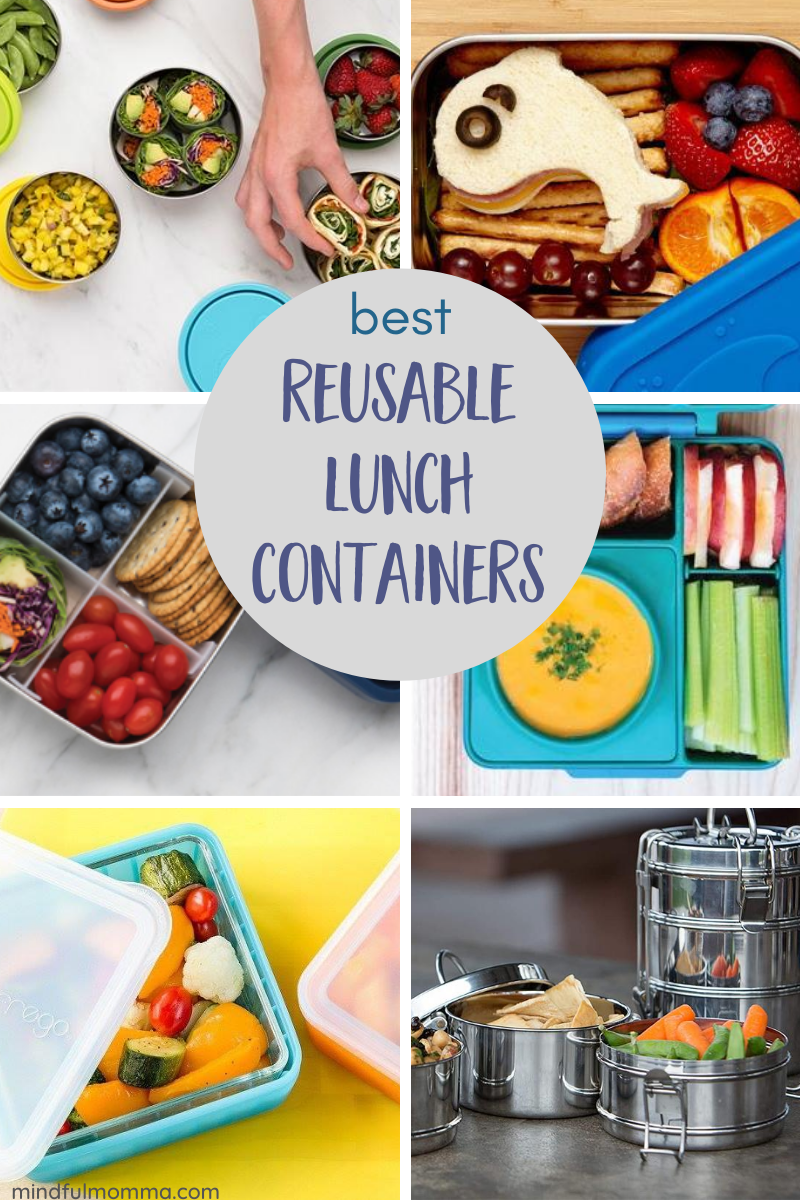 Find the best reusable lunch containers made of sustainable, non-toxic materials like stainless, glass and safe plastic, that will meet the needs of everyone in the family. | #lunchbox #zerowastelunch #zerowaste | #backtoschool #schoollunch #ecofriendly via @MindfulMomma